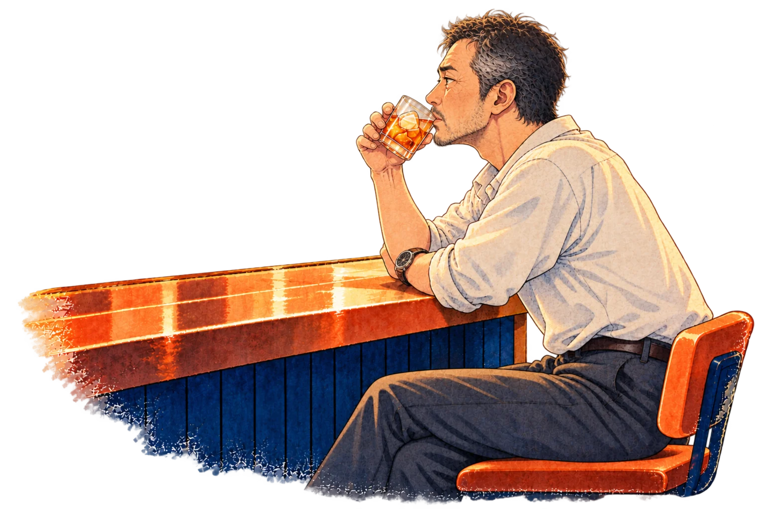 カウンターでグラスを傾ける男性のイラスト